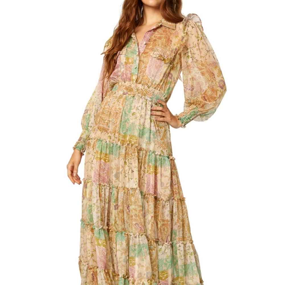 NWOT Famous Misa Los Angeles Aydeniz Dress Printemps Patchwork L - Picture 6 of 16